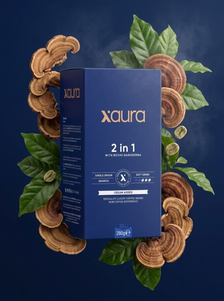 X-Aura 2 in 1 Şekersiz Hazır Kahve - Reishi Mantarlı Fonksiyonel Gurme Kahve (14 gr x 20 Adet)