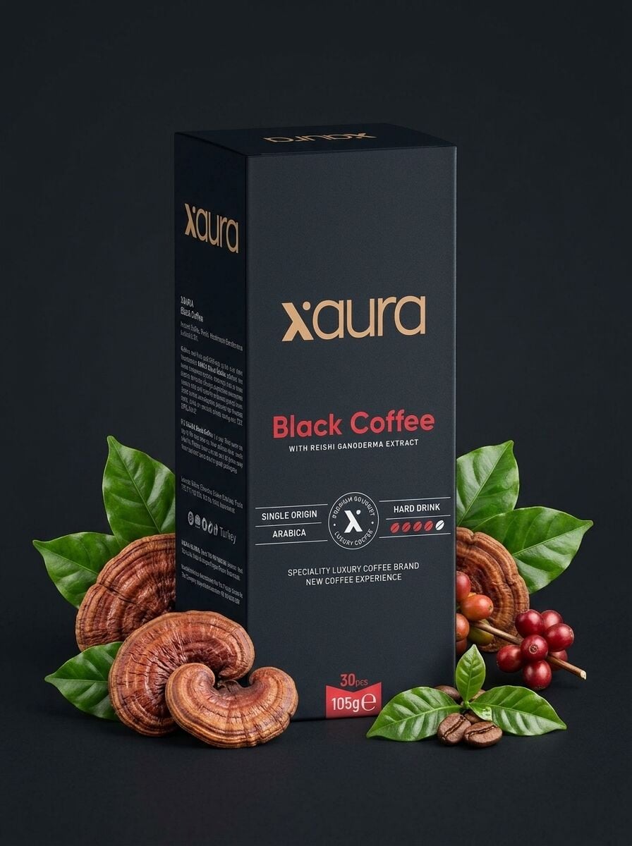 X-Aura Black Coffee - Reishi Mantarlı Sert ve Sade Hazır Kahve (3.5 gr x 30 Adet)