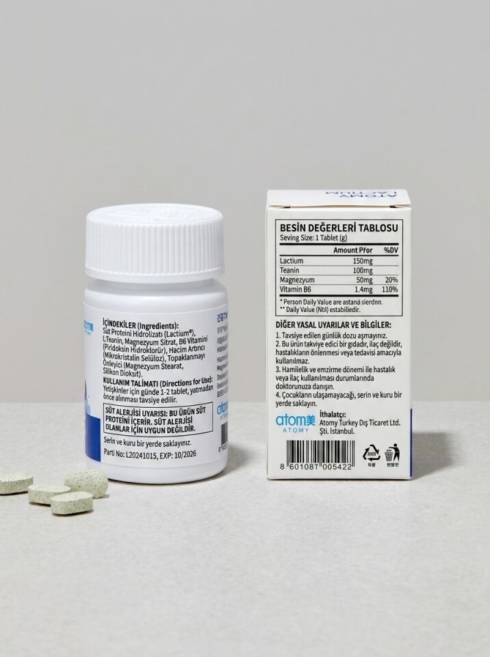 Atomy Lactium Süt Proteini Hidrolizatı, L-Teanin, Magnezyum ve B6 İçeren 60 Tablet