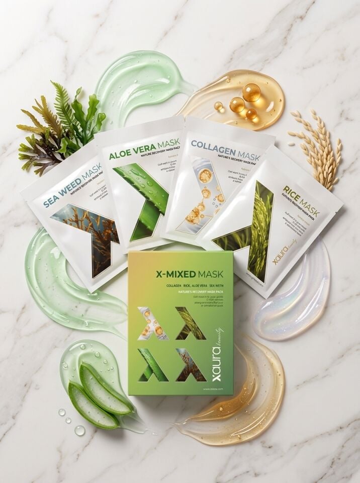 Xaura Beauty X-Mixed Mask Set – 4'lü Karma Kağıt Yüz Maskesi Paketi (Kolajen, Pirinç, Aloe Vera, Deniz Yosunu)