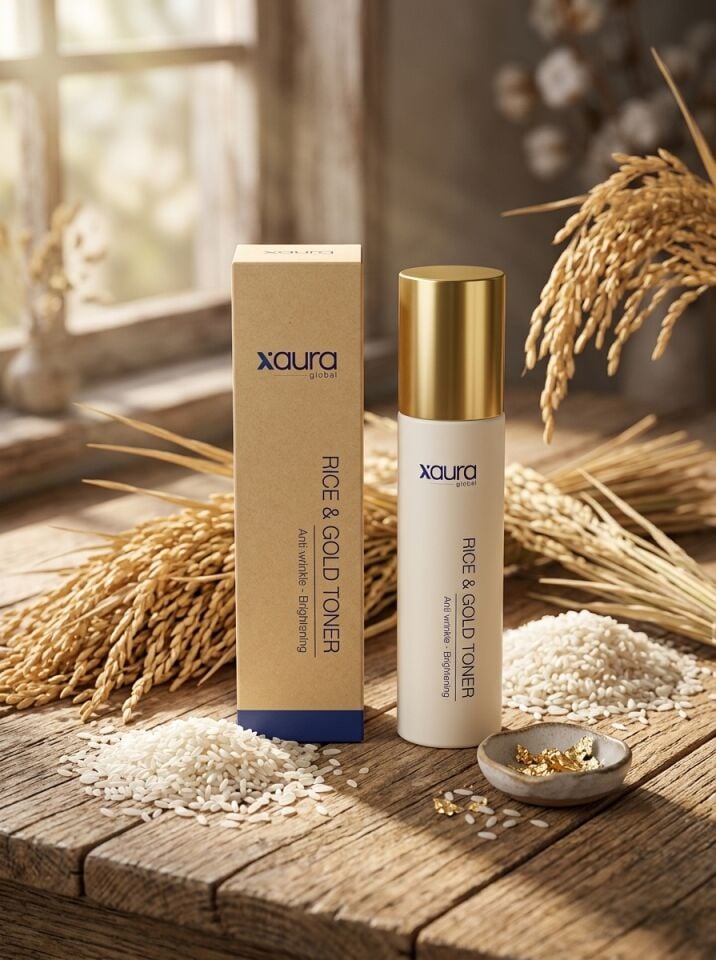 Xaura Global Rice & Gold Toner 150 ml – Pirinç Özü ve 24K Altın Parçacıklı Kırışıklık Karşıtı Aydınlatıcı Yüz Toniği