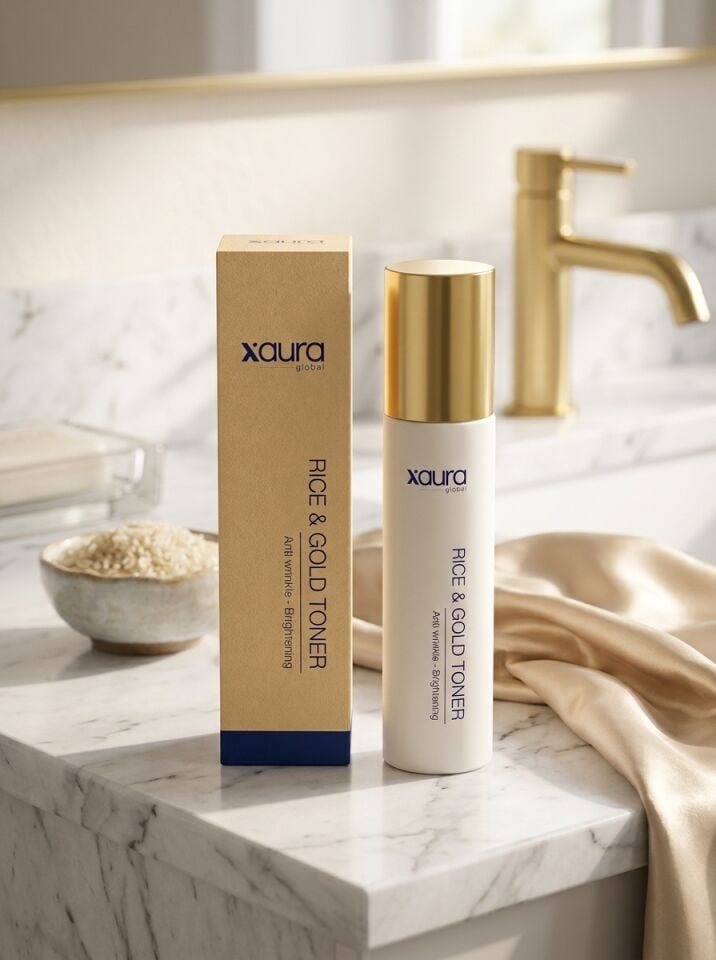 Xaura Global Rice & Gold Toner 150 ml – Pirinç Özü ve 24K Altın Parçacıklı Kırışıklık Karşıtı Aydınlatıcı Yüz Toniği